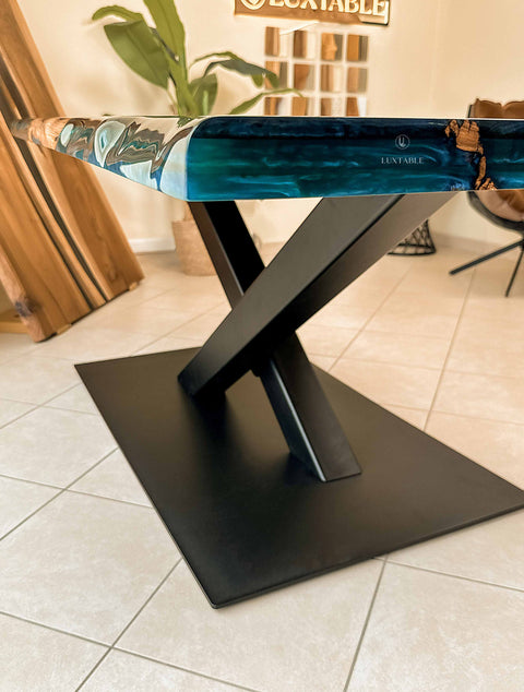 Custom olive wood and turquoise resin table 180x90cm Camaleonte