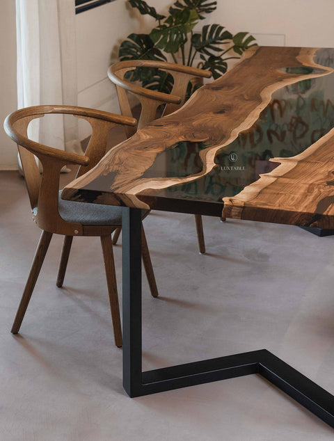 Live edge epoxy table in walnut wood and smoke gray resin, custom size Calliope