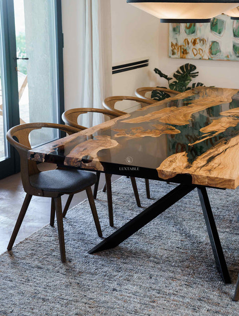 Epoxy resin table in smoke gray resin and olive wood, custom size Enigma