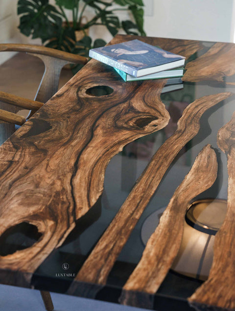 Epoxy table in walnut wood and smoke gray resin, cusom size Eclipse