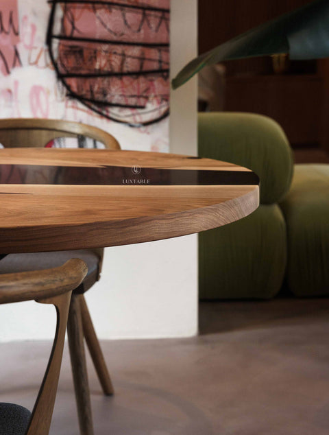 Solid walnut wood epoxy table with black resin, custom size Saphira