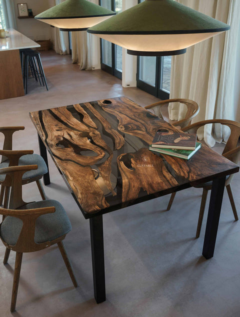Epoxy table in walnut wood and smoke gray resin, cusom size Eclipse