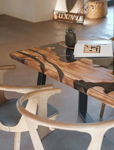 Epoxy dining table in walnut wood and smoke gray resin, various sizes Forest