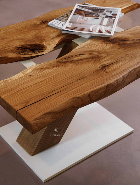 River table in oak wood and clear glossy resin, custom size Fiordaliso
