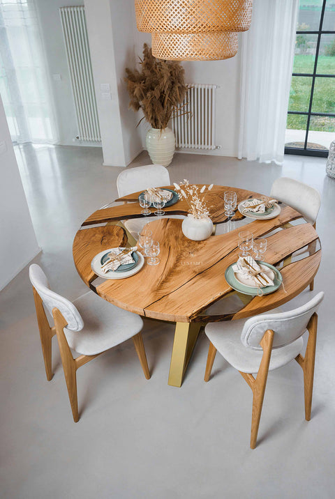 Runder Epoxidharz Tisch Paris aus Eiche massiv mit glasklarem Harz