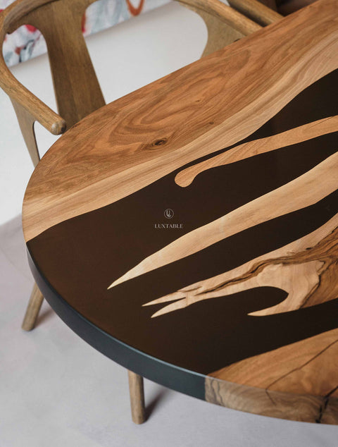 Solid walnut wood epoxy table with black resin, custom size Saphira