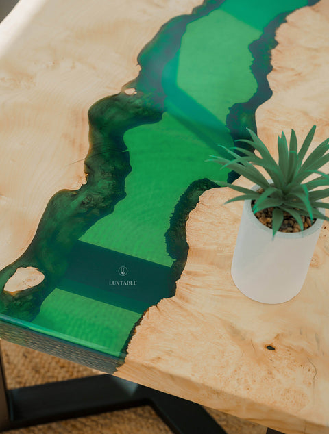 Solid ash wood coffee table with green epoxy, custom size Oasi