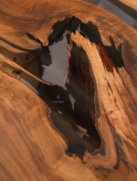 Epoxy dining table in walnut and smoke gray resin, custom size Wild Red