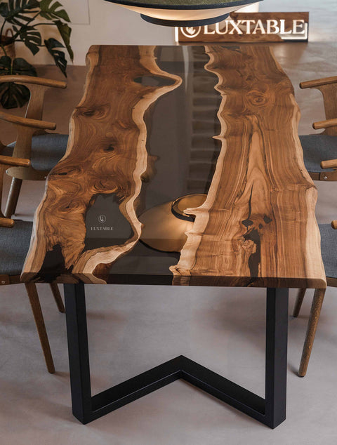 Live edge epoxy table in walnut wood and smoke gray resin, custom size Calliope