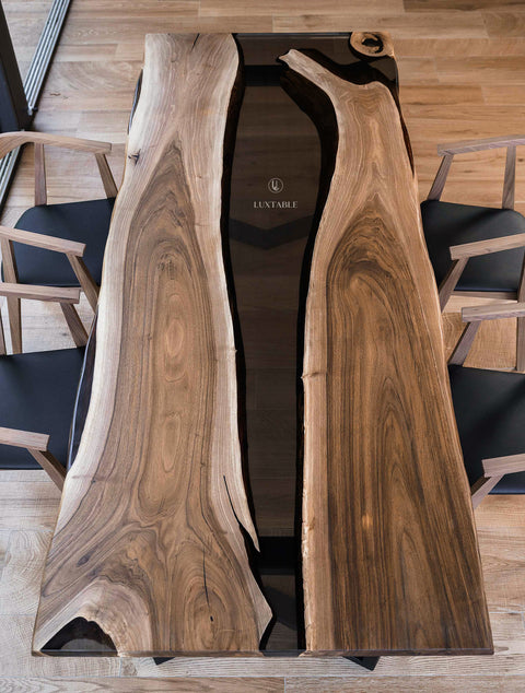 Smoke gray epoxy dining table in walnut wood 240x90cm Valencia