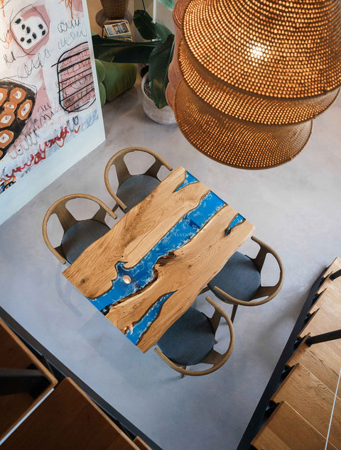 Oak resin table with blue-white epoxy, custom size Gemma