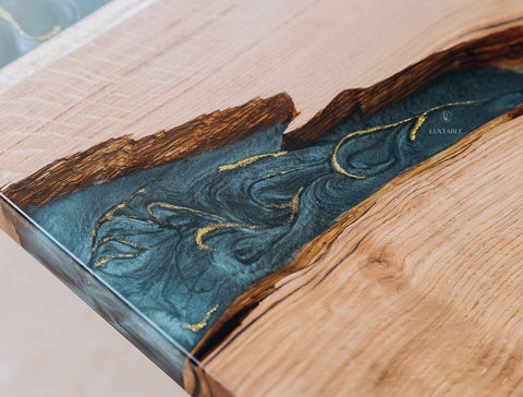 Oak wood table with blue and gold epoxy, custom size Mirabella
