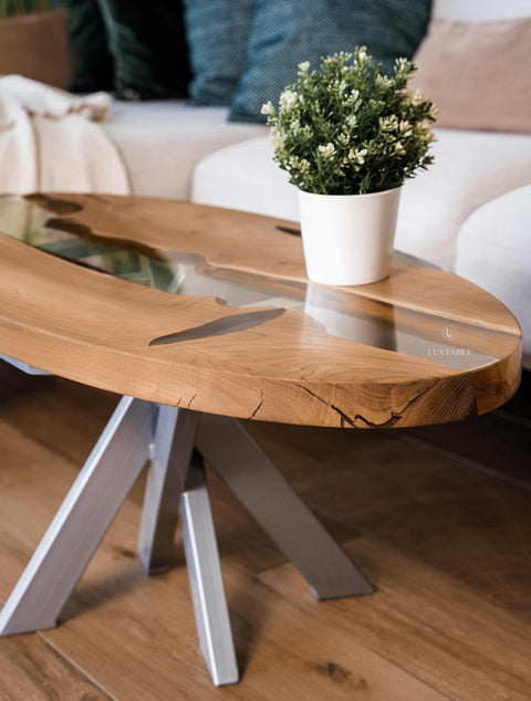 Custom acacia wood and clear resin coffee table, custom size Incanto