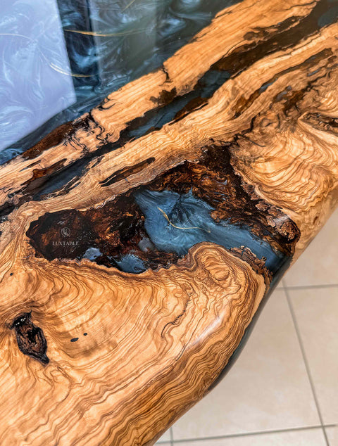 Epoxy olive wood table with gray-gold resin, custom size Sapphire