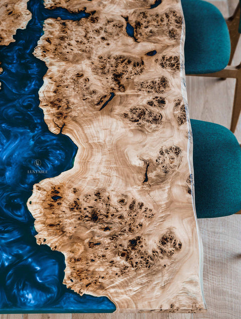 Poplar wood epoxy dining table turquoise resin, custom size Ticino