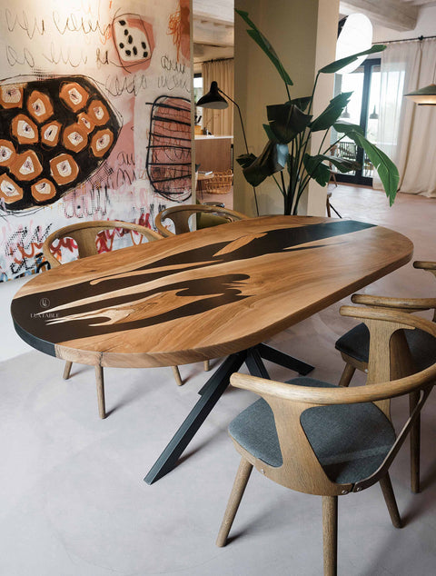 Solid walnut wood epoxy table with black resin, custom size Saphira