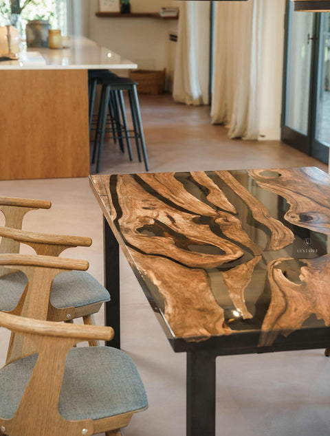 Epoxy table in walnut wood and smoke gray resin, cusom size Eclipse