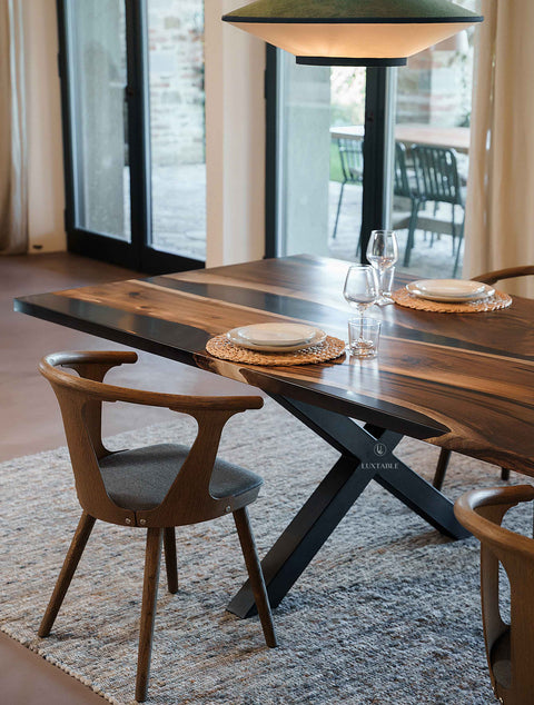 Epoxy river table in walnut wood and smoke gray resin, custom size Marlene