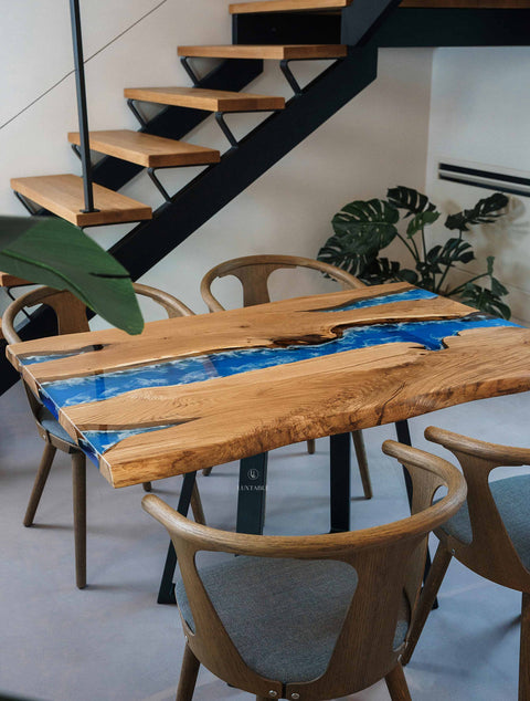 Oak resin table with blue-white epoxy, custom size Gemma