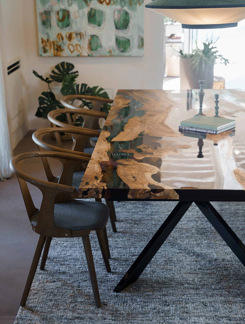 Epoxy resin table in smoke gray resin and olive wood, custom size Enigma