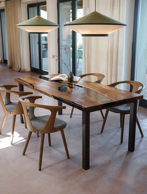 Epoxy dining table in walnut and smoke gray resin, custom size Wild Red