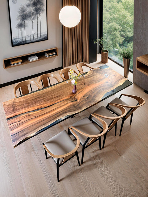 Epoxy Tisch aus seltener Nussbaumbohle mit Baumkante Luminoso