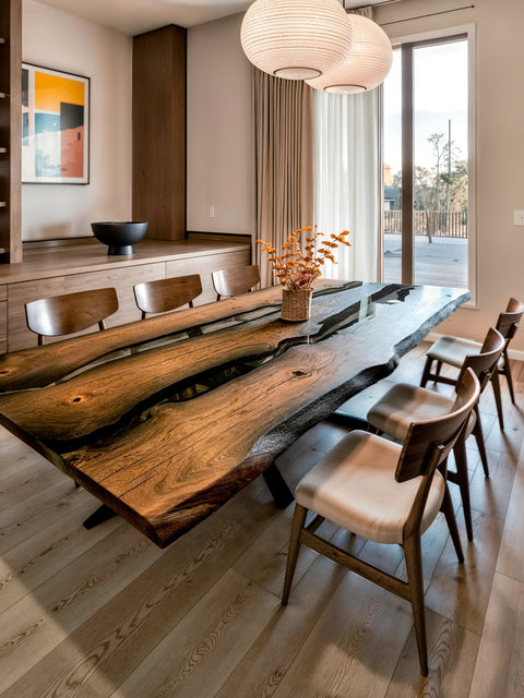 Esstisch Echo aus Mooreiche massiv mit transparentem glänzendem Epoxidharz