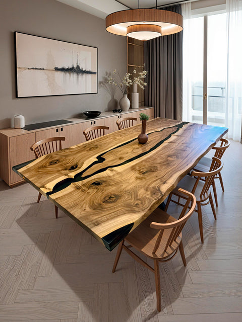 Epoxidharz Tisch Island aus Nussbaumholz mit grauem mattem Harz