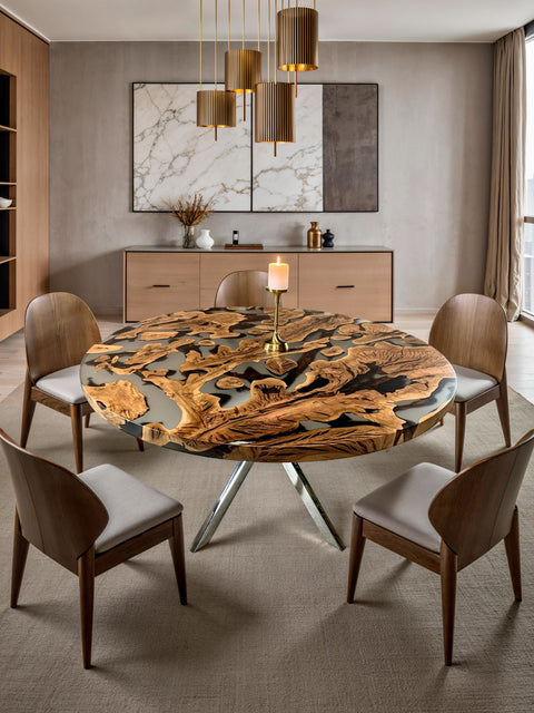 Round table from rare oak roots with matte resin Tondo