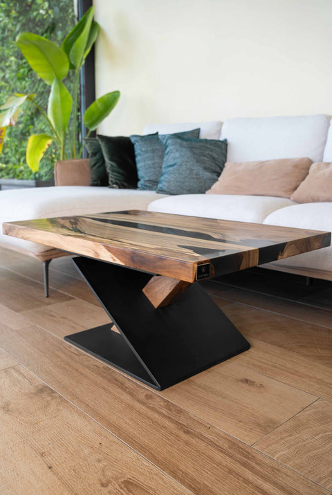Solid walnut wood coffee table with smoke epoxy 90x60cm Orion
