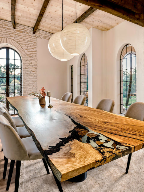 Solid ash table from a rare slab with clear epoxy resin Impero