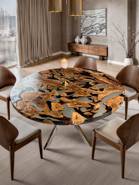 Round table from rare oak roots with matte resin Tondo