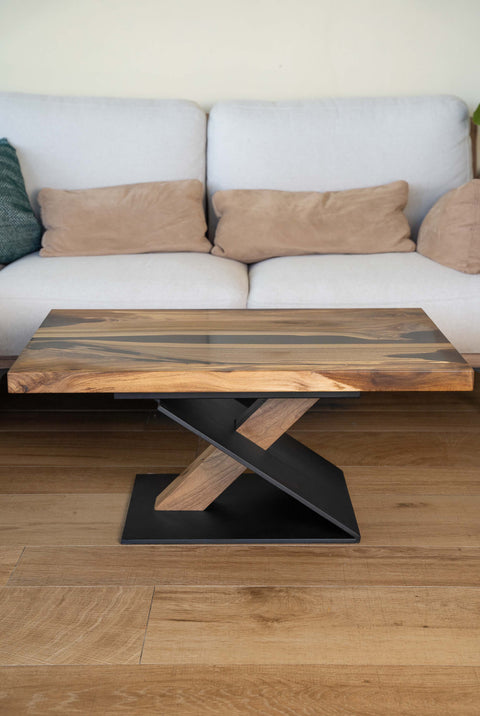 Solid walnut wood coffee table with smoke epoxy 90x60cm Orion