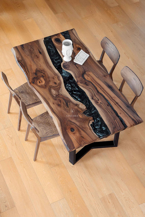 Solid walnut wood dining table black epoxy 180x90cm Galassia