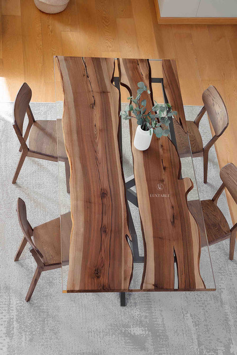 Walnut resin table with clear epoxy, custom size Horizon