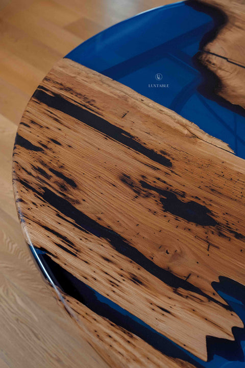 Solid oak dining table with blue epoxy, cusom size Corsica
