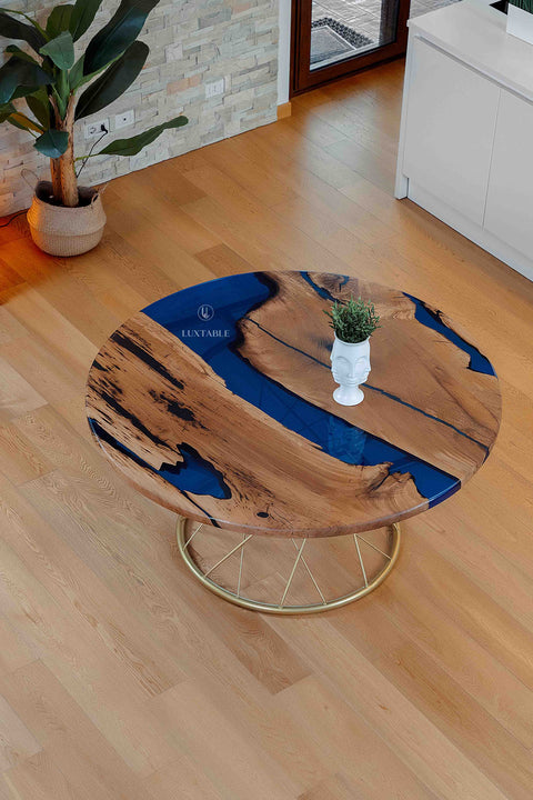 Solid oak dining table with blue epoxy, cusom size Corsica