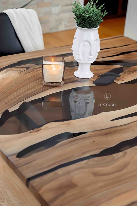 Solid walnut resin table with smoke gray epoxy, custom size Chillout