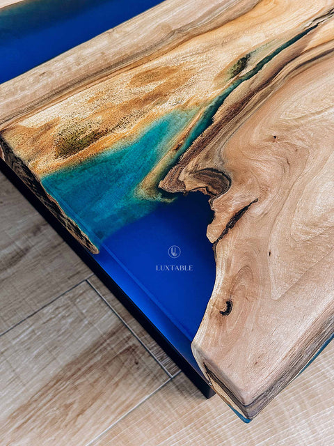 Walnut wood coffee table with blue epoxy, custom size Ocean Breeze