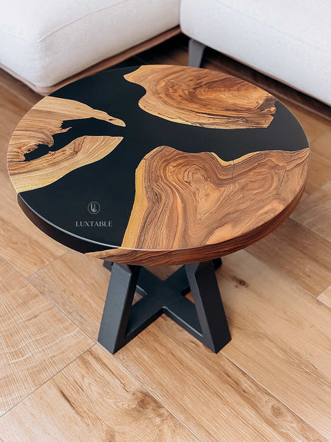 Black epoxy coffee table in solid walnut, custom size Noir