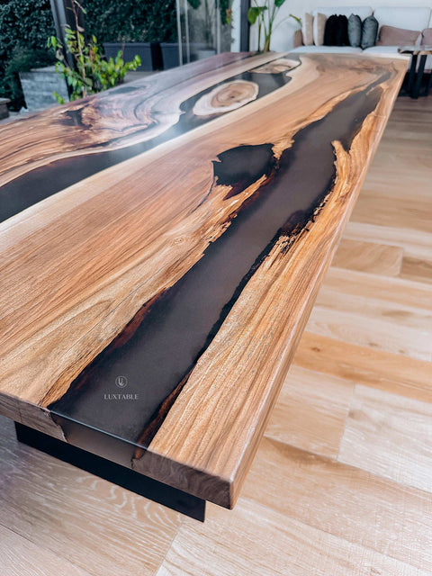 Walnut wood table with smoke gray epoxy 240x100cm Obsession