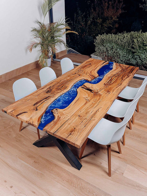 Epoxy Tisch Caraibi aus Eiche massiv mit blauem Epoxidharz