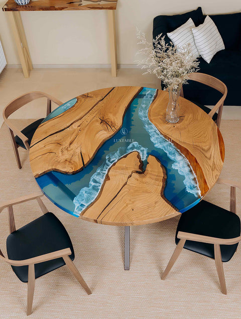 Runder Holztisch Amaranta aus Eiche und blauem Epoxidharz mit Wellen 