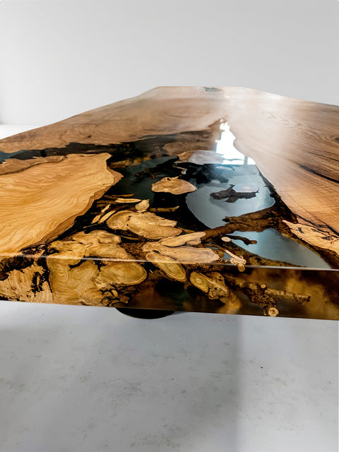 Solid ash table from a rare slab with clear epoxy resin Impero