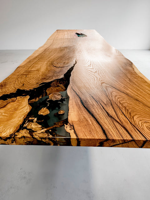 Solid ash table from a rare slab with clear epoxy resin Impero